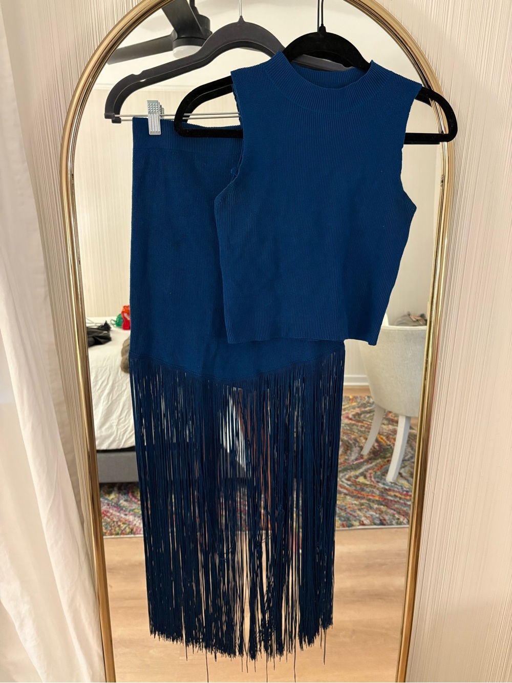 Girls Sleeveless Fringe Knit Set - Navy